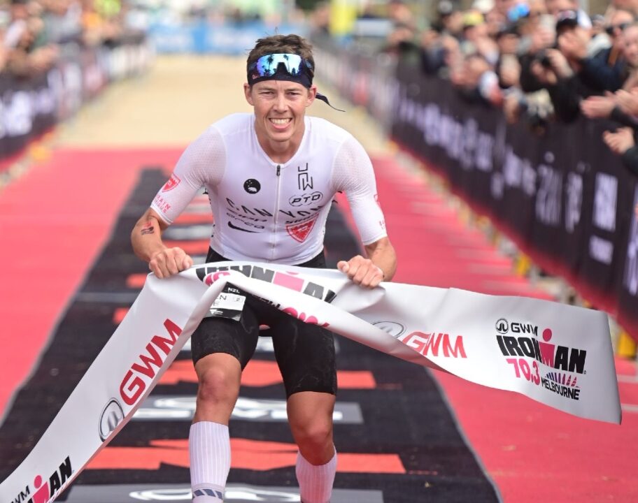 Hayden Wilde taking the win at GWM IRONMAN 70.3 Melbourne 2023 Photo credit Sportograf for IRONMAN