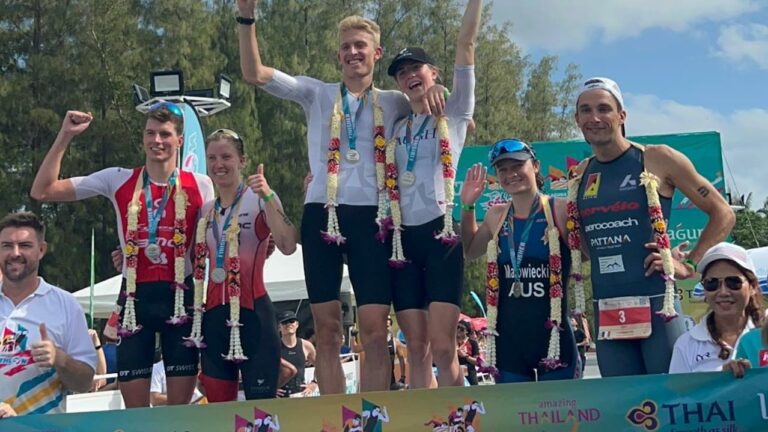 Laguna Phuket Triathlon 2023 podium Max Stapley, Kate Waugh