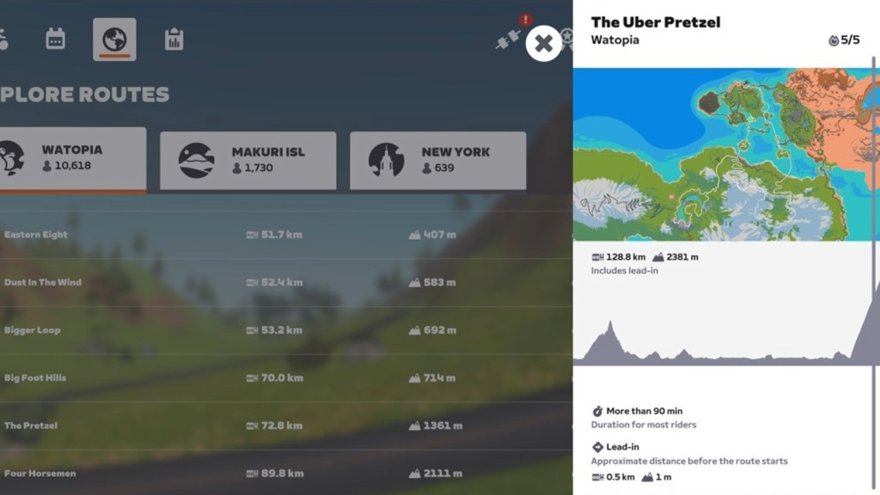 Zwift route map of the Uber Pretzel