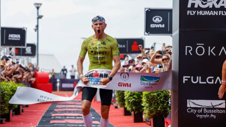 Daniel Baekkegard taking the win at GWM IRONMAN Western Australia 2023 Photo credit Korupt Vision for IRONMAN