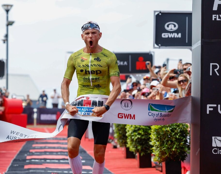 Daniel Baekkegard taking the win at GWM IRONMAN Western Australia 2023 Photo credit Korupt Vision for IRONMAN