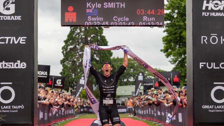 Kyle Smith won his hometown race at the 2023 IRONMAN Taupo Photo Graeme Murray