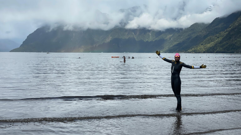 Laura Siddall swim training before Patagonman in a Deboer Norseman wetsuit