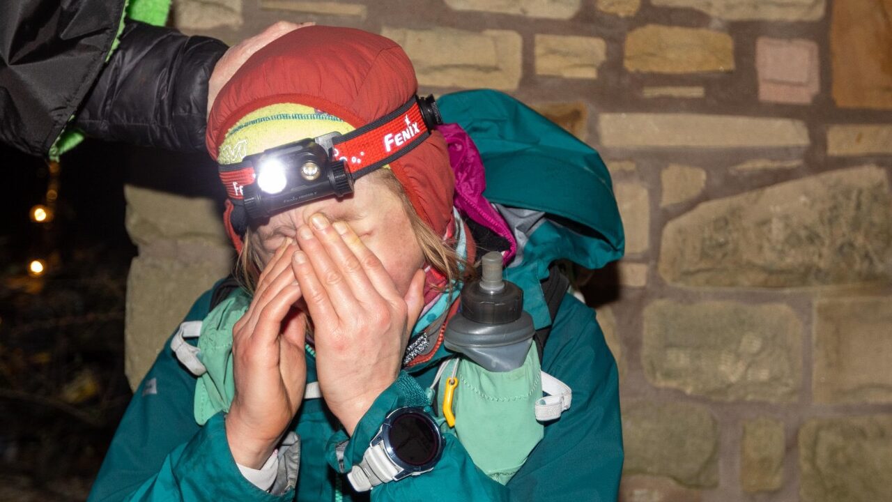 Lucy Gossage at the finish line of the Montane Winter Spine Race.