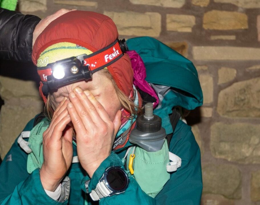 Lucy Gossage at the finish line of the Montane Winter Spine Race.