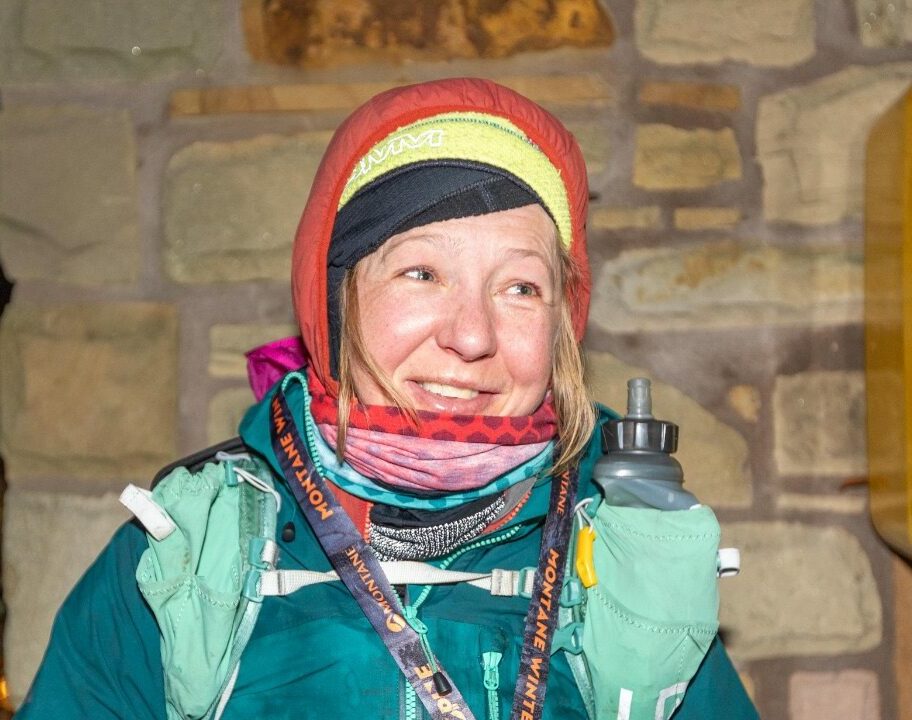 Lucy Gossage at the finish of the 2024 Montane Winter Spine.