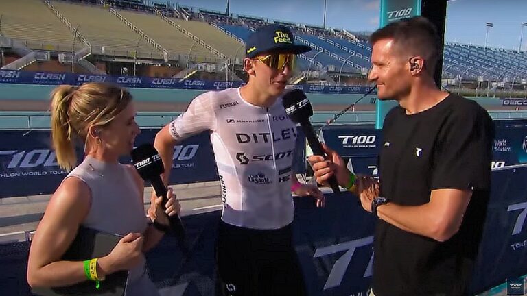 T100 World Triathlon Tour Miami 2024 PTO Broadcast Magnus DItlev Jan Frodeno