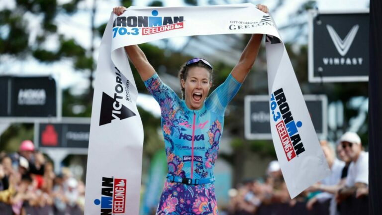 Ellie Salthouse wins the 2024 IRONMAN 70.3 Geelong title in Victoria, Australia.