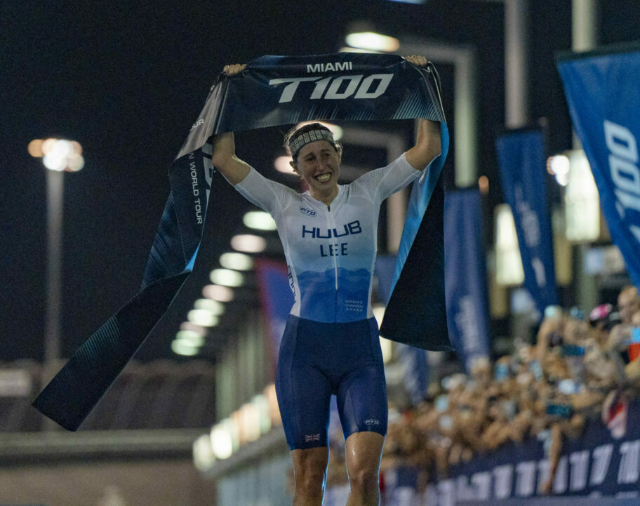 India Lee (GBR) crosses the finish line in first in Miami.