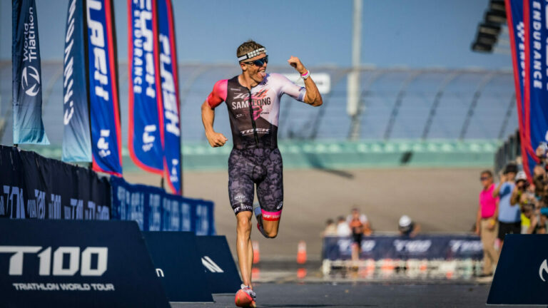 Sam Long fist bumps after taking second at the Miami T100