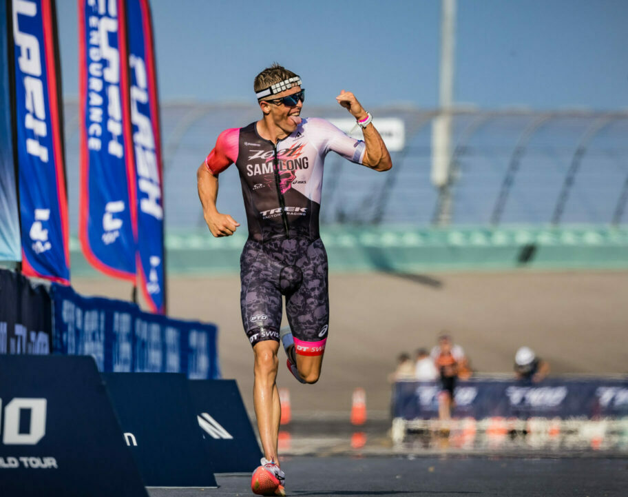 Sam Long fist bumps after taking second at the Miami T100