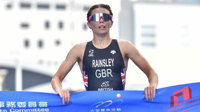 Sian Rainsley takes the tape at the World Triathlon Cup in Hong Kong.