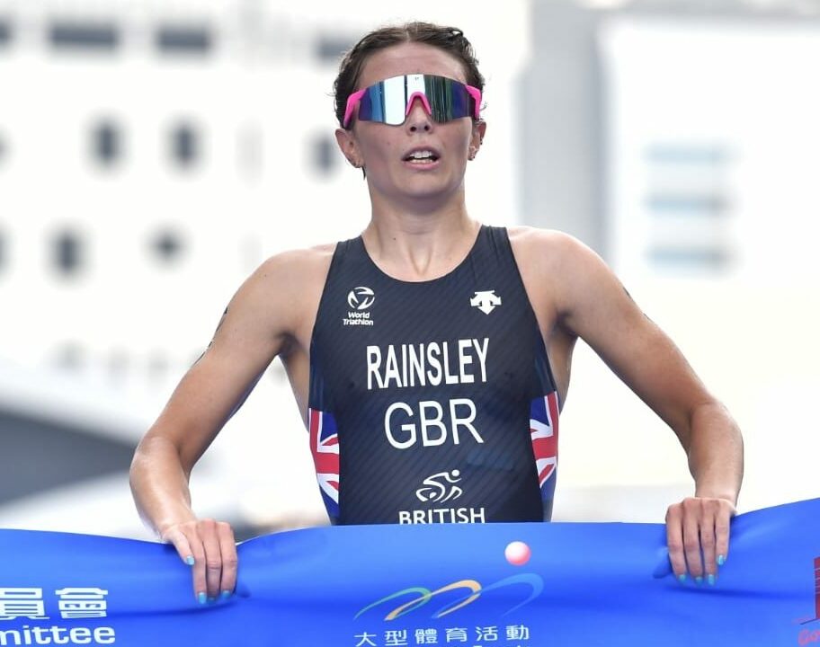 Sian Rainsley takes the tape at the World Triathlon Cup in Hong Kong.
