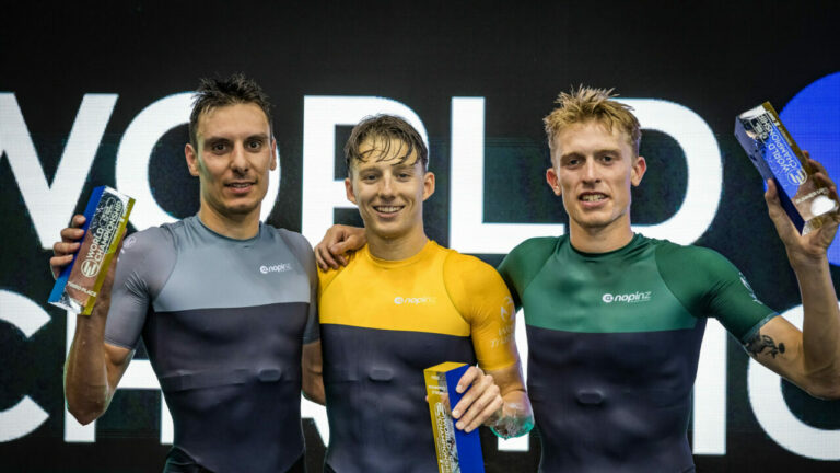 The men's podium from the 2024 supertri E World Triathlon Championships.