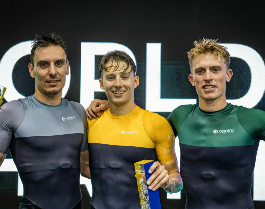 The men's podium from the 2024 supertri E World Triathlon Championships.
