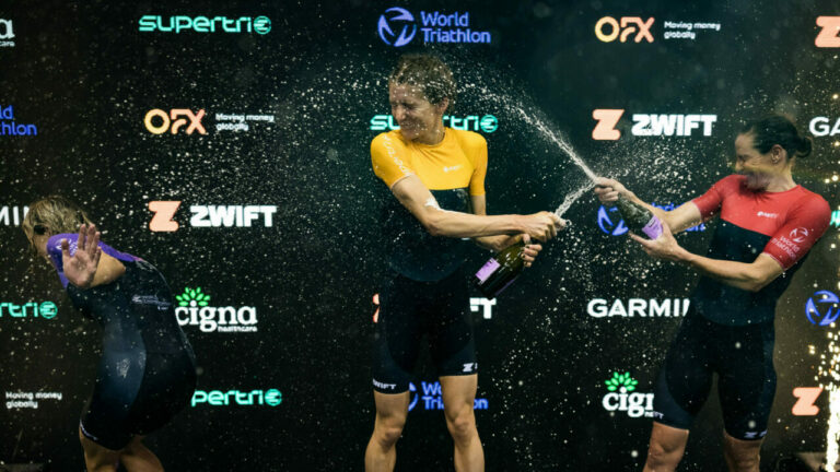 The women's podium at the 2024 supertri E World Triathlon Championships in London.