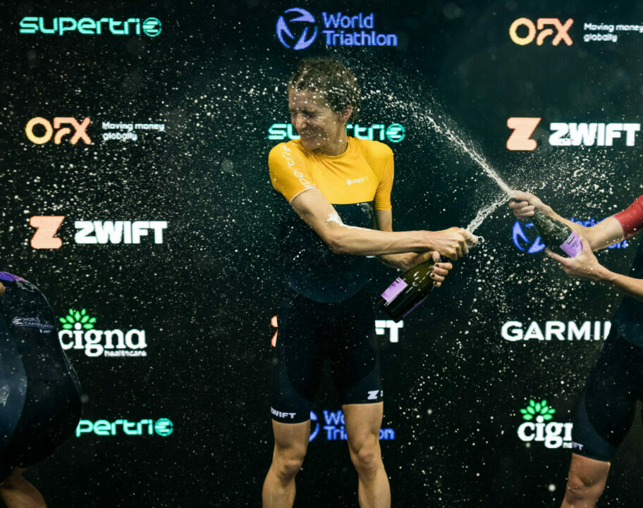 The women's podium at the 2024 supertri E World Triathlon Championships in London.