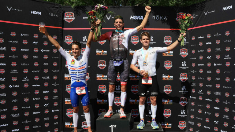 The men's podium at the IRONMAN 70.3 North American Championship 2024.
