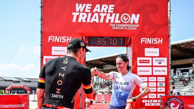 India Lee (GBR) and Kyle Smith (NZL) celebrate together at the finish line in Samorin.