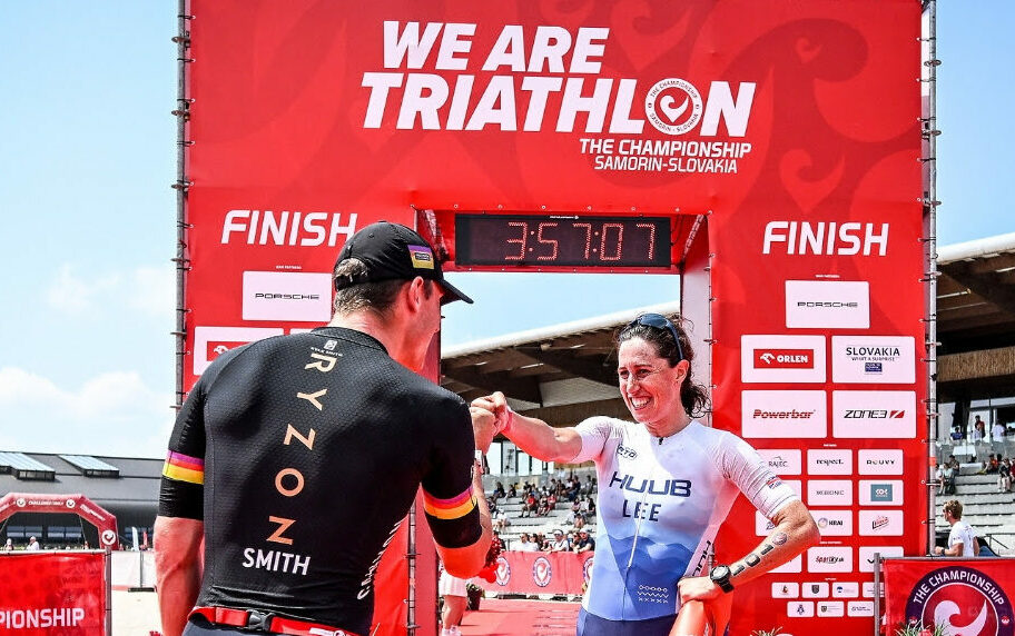 India Lee (GBR) and Kyle Smith (NZL) celebrate together at the finish line in Samorin.