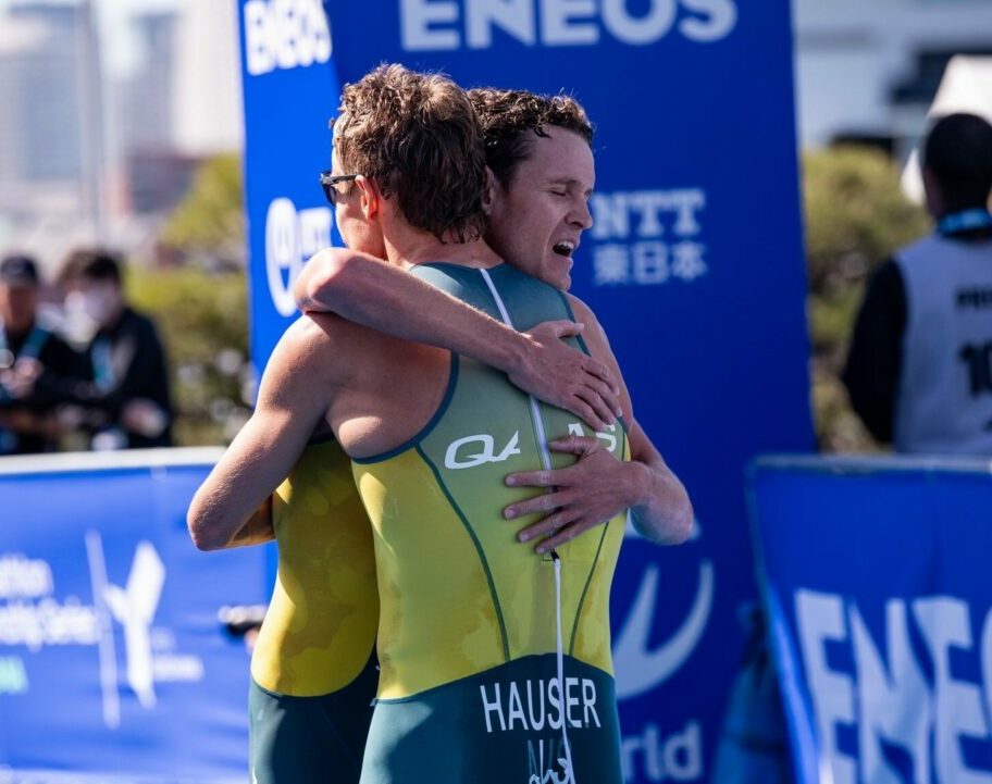 Luke Willian and Matt Hauser embrace after WTCS Yokohama podium.