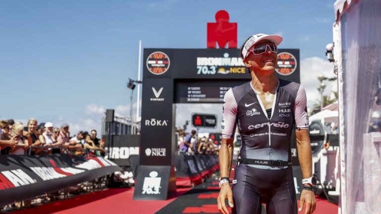 Anne Haug at the finish of IRONMAN 70.3 Nice 2024