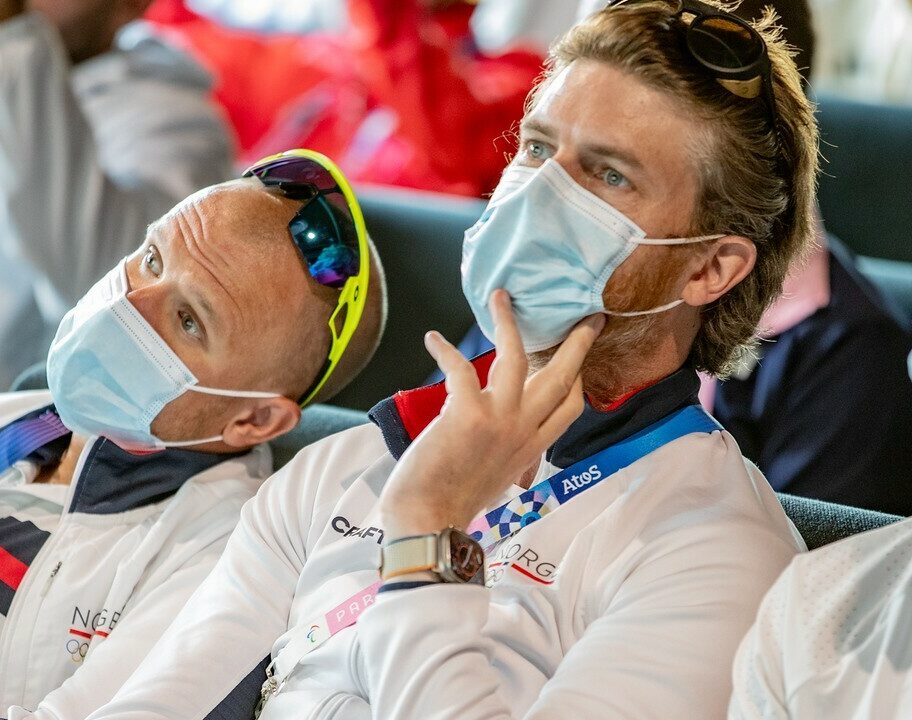 Kristian Blummenfelt and coach Olav Aleksander Bu at Olympic Games Triathlon Mens Briefing Paris 2024 photo credit World Triathlon