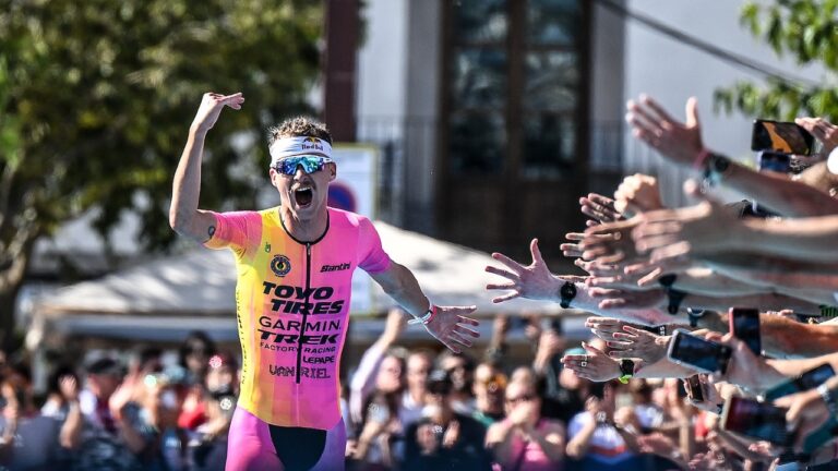 Marten Van Riel high fives finishing straight T100 Ibiza 2024 photo credit PTO