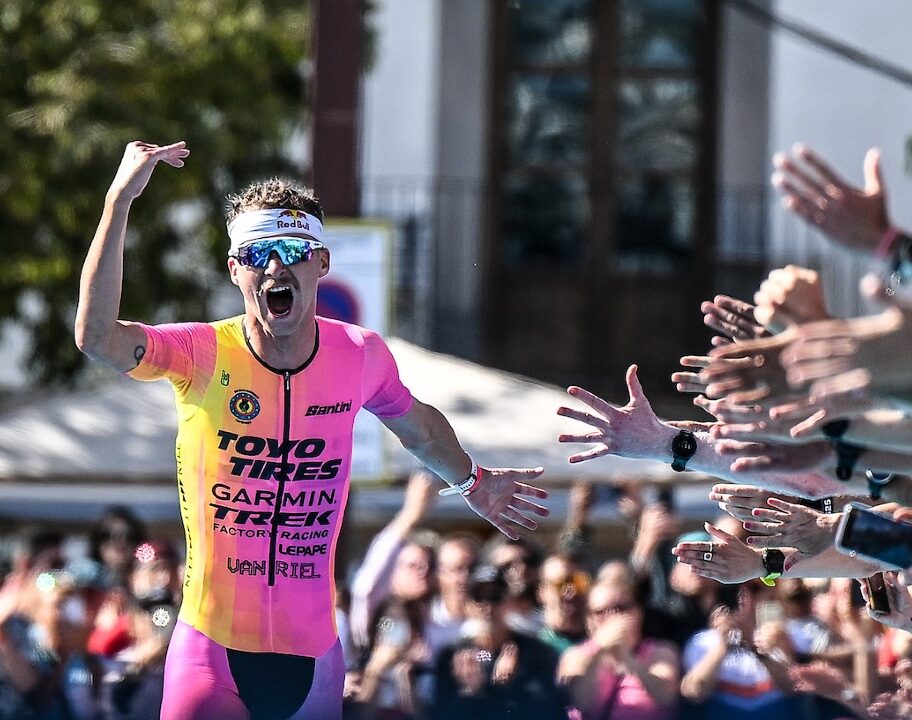 Marten Van Riel high fives finishing straight T100 Ibiza 2024 photo credit PTO