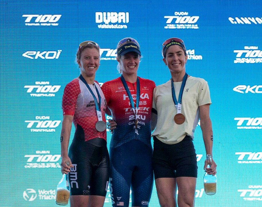 Knibb Derron Gentle women podium T100 Dubai 2024 photo credit PTO / T100