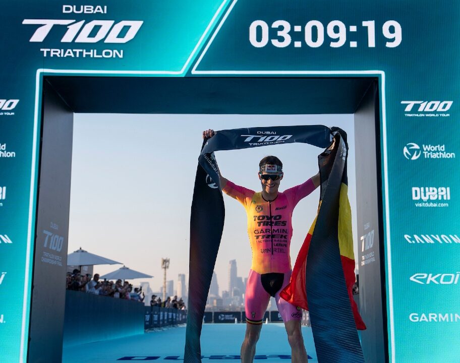 Marten Van Riel finish arch T100 Dubai 2024 photo credit PTO / T100