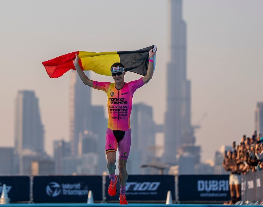 Marten Van Riel finish line T100 Dubai 2024 photo credit PTO / T100