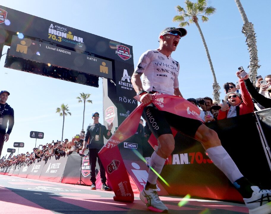 Lionel Sanders IRONMAN 70.3 Oceanside 2025 celebration finish line