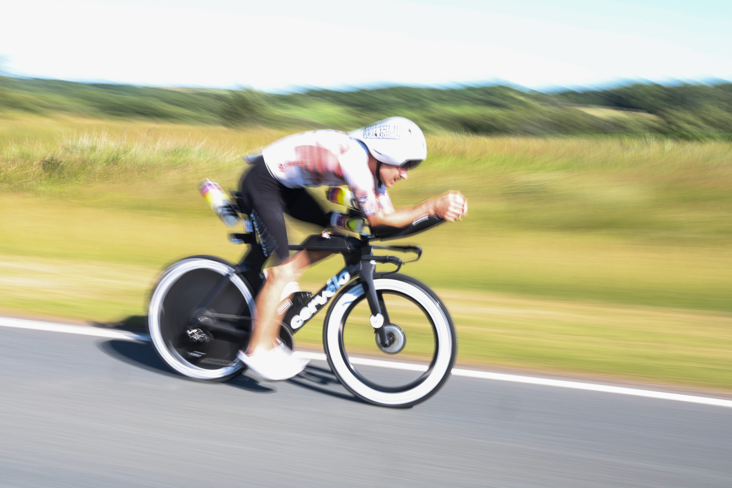 SWANSEA, WALES - JULY 13: Leon Chevalier of France competes in the bike section of Ironman 70.3 Swansea July 13, 2025 in Swansea, Wales