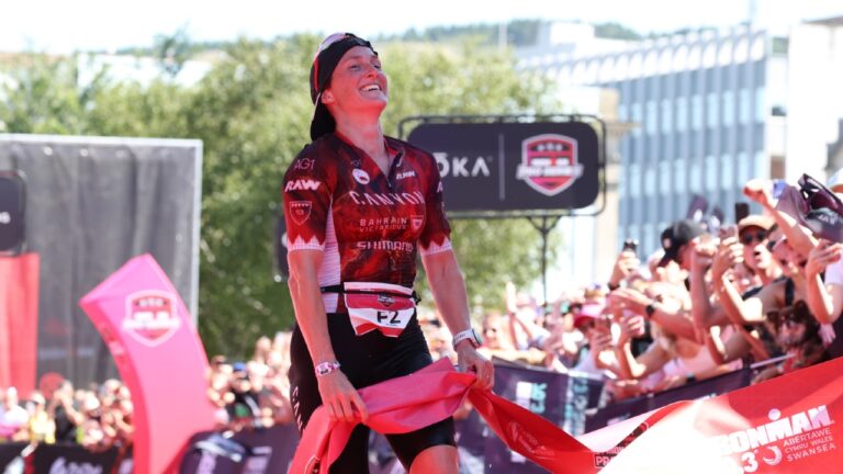 Kat Matthews wins IRONMAN 703 Swansea 2025 finish line