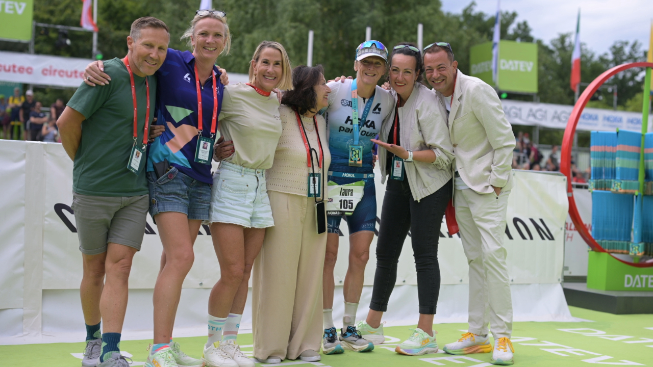Laura Siddall and Walchshoefer family at Challenge Roth 2025 finish line