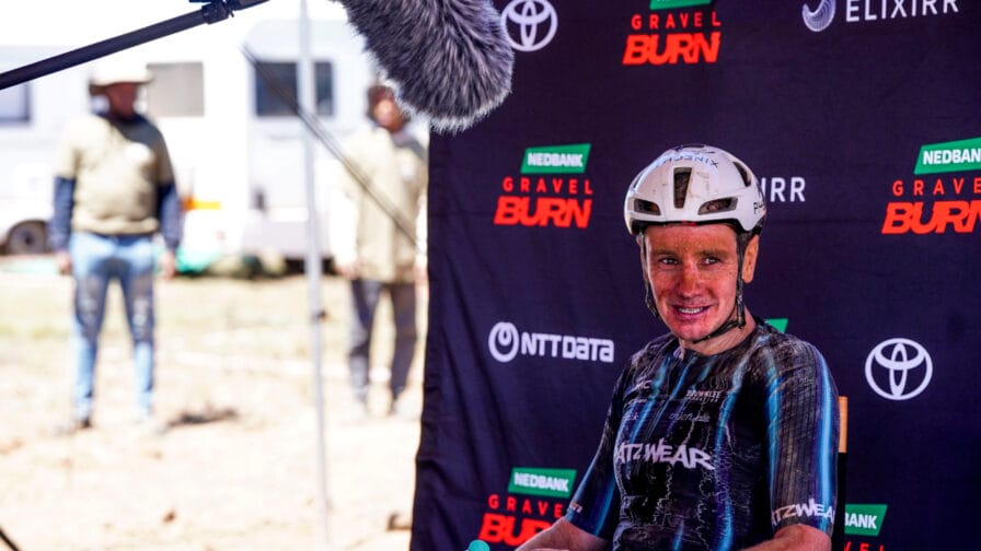 Alistair Brownlee is interviewed after one of the stages of the Gravel Burn event in South Africa.