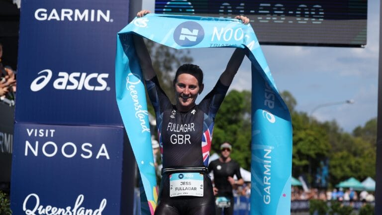 Jess Fullagar taking the Garmin Noosa Triathlon win - Photo Korupt Vision