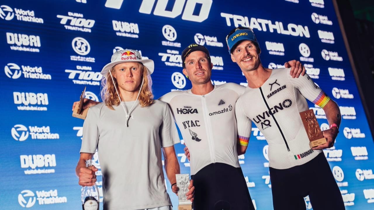 Mika Noodt (GER), Morgan Pearson (USA) and Gregory Barnaby (ITA) on the Dubai T100 podium.