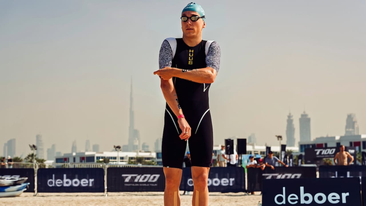 Britain's Will Draper prepares for the swim section of the Dubai World Tour T100 in November 2025.