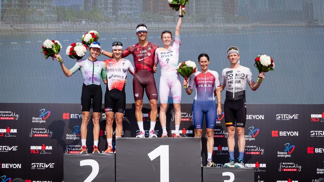 Bahrain 70.3 podium Vincent Luis Georgia Taylor Brown 2025