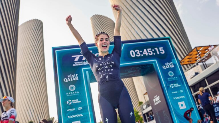 Kate Waugh smiles finish line Qatar T100 2025