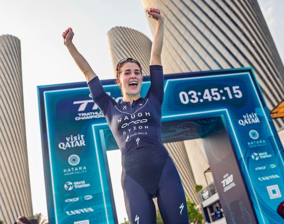 Kate Waugh smiles finish line Qatar T100 2025