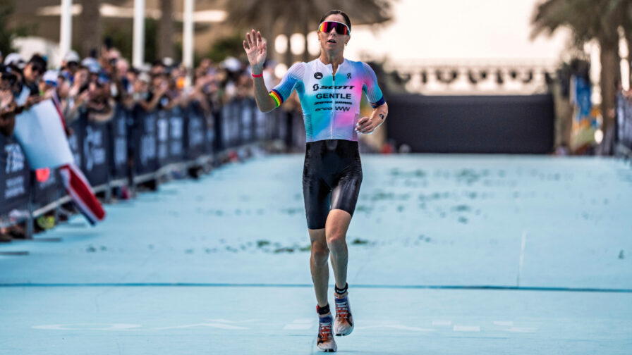 Ashleigh Gentle crosses the finish line at the T100 World Finals in Qatar, 2025.