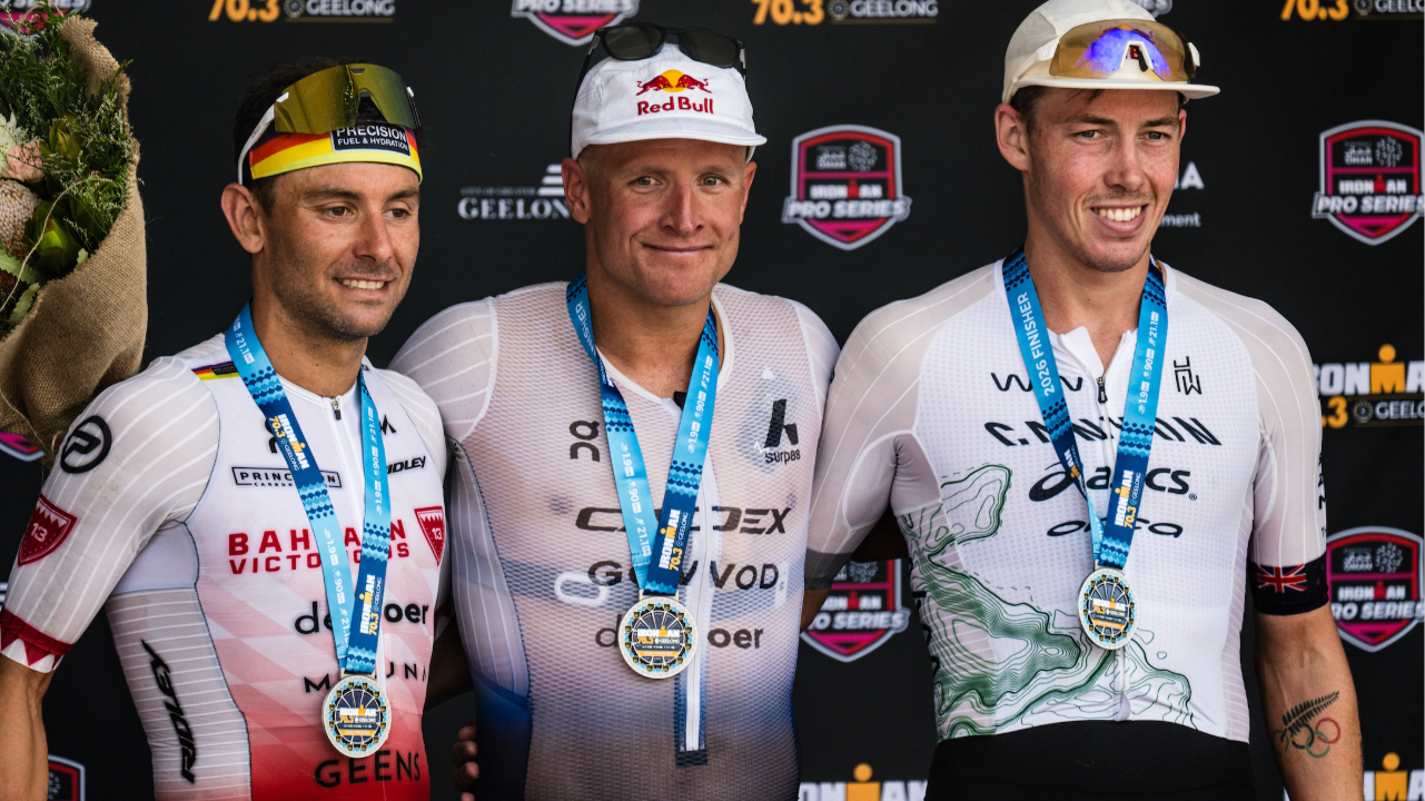 Jelle Geens, Kristian Blummenfelt and Hayden Wilde at Geelong 70.3.