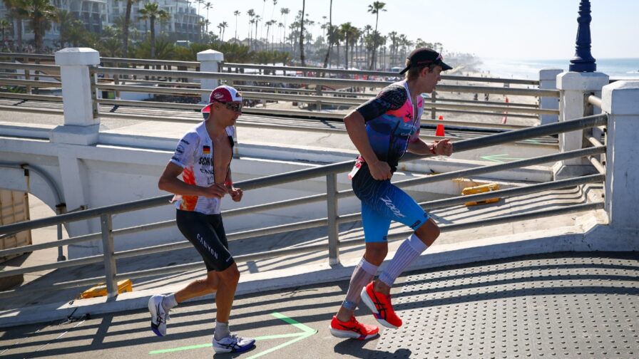 Jonas Schomburg and Sam Long on the run at 70.3 Oceanside 2026