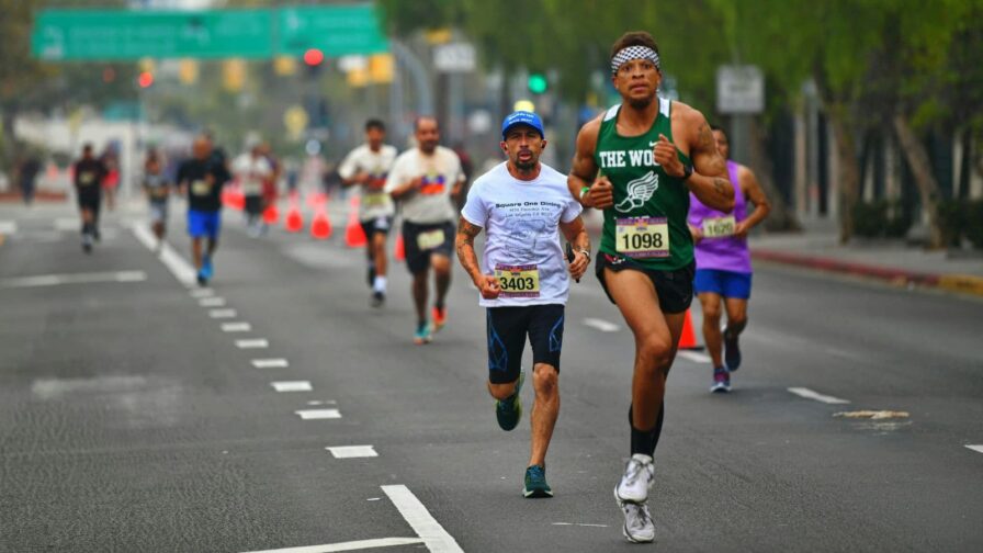 Athlete practicing triathlon disciplines including open water swim, road cycling, and long-distance running