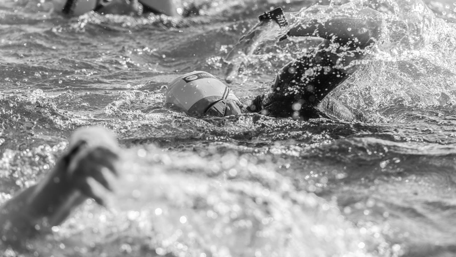 Triathlete swimming in open water race, maintaining rhythm and sighting to stay on course