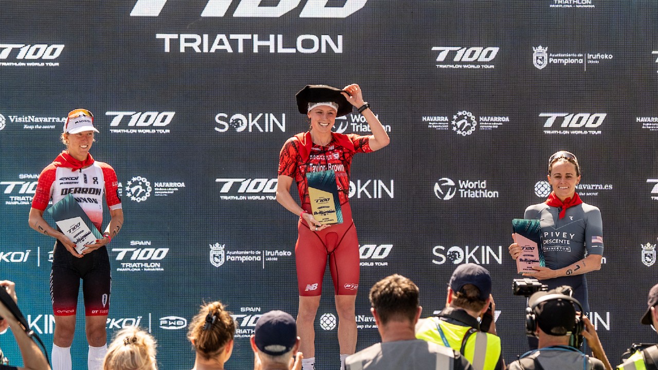 T100 Spain podium Taylor Brown Julie Derron Spivey 2026