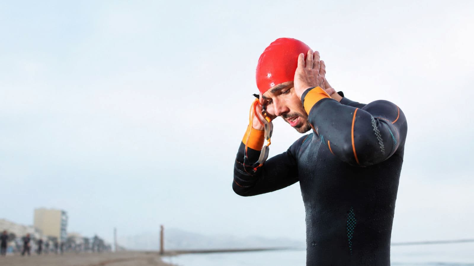 triathlete running through transition area after swim while experiencing dizziness and disorientation